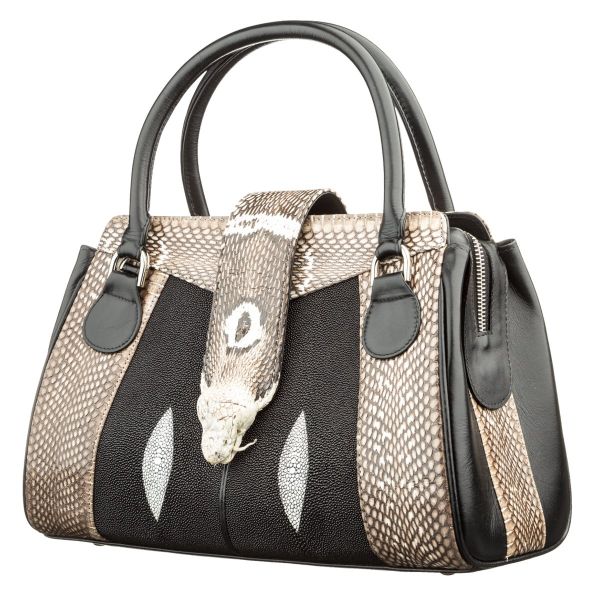 Сумка женская STINGRAY LEATHER 18502 из натуральной кожи морского ската со вставками из кожи питона Черная Сумка женская STINGRAY LEATHER 18502 из натуральной кожи морского ската со вставками из кожи питона Черная