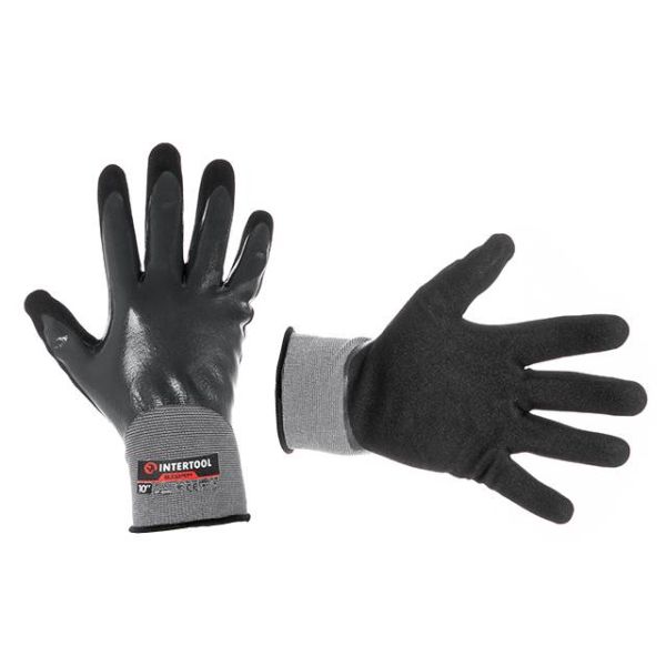 Рукавички трикотажні синтетичні, повне двошарове нітрилове покриття, базове гладке, пористе на долоні, дихаючі, 10 STORM INTERTOOL SP-0190