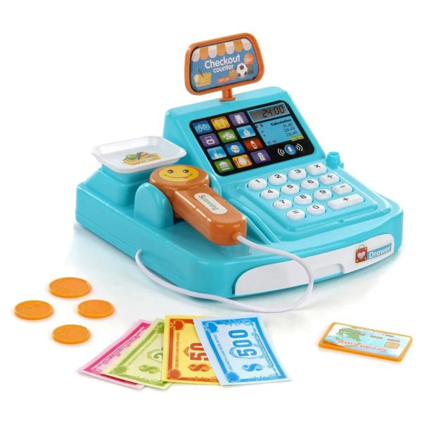 Игрушечный кассовый аппарат 777-21, на батарейках, сканер, деньги, свет, звук (Синий)