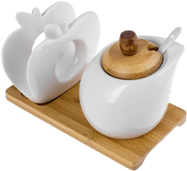 Фарфоровый набор Ceram Bamboo, сахарница 300мл и салфетница на деревянной подставке