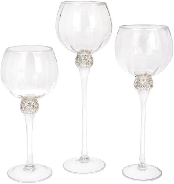 Набор 3 стеклянных подсвечника Sayyora 30см, 35см, 40см, прозрачный с серебром