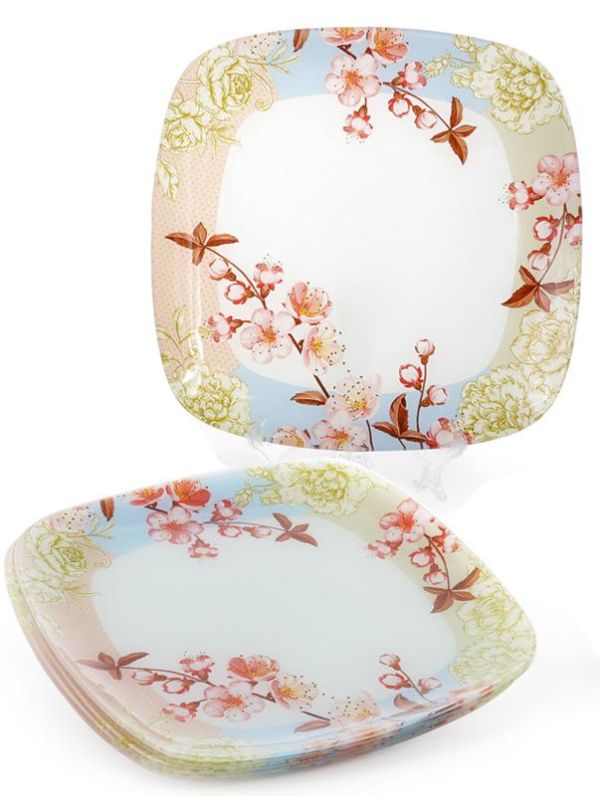 Набор 6 стеклянных тарелок "Цветущая вишня" 25х25см, обеденные тарелки