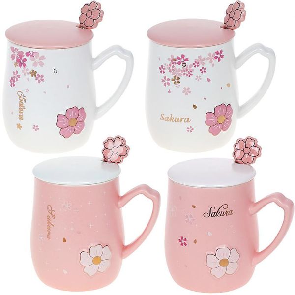 Кружка фарфоровая "Sakura" 380мл с крышкой и ложкой, 4 дизайна