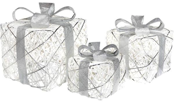 Набор декоративных подарков - 3 коробки 15х20см, 20х25см, 25х30см с LED-подсветкой, белый с серебром