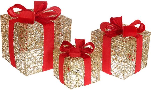 Набор декоративных подарков - 3 коробки 15см, 20см, 25см с LED-подсветкой, золото с красным бантом