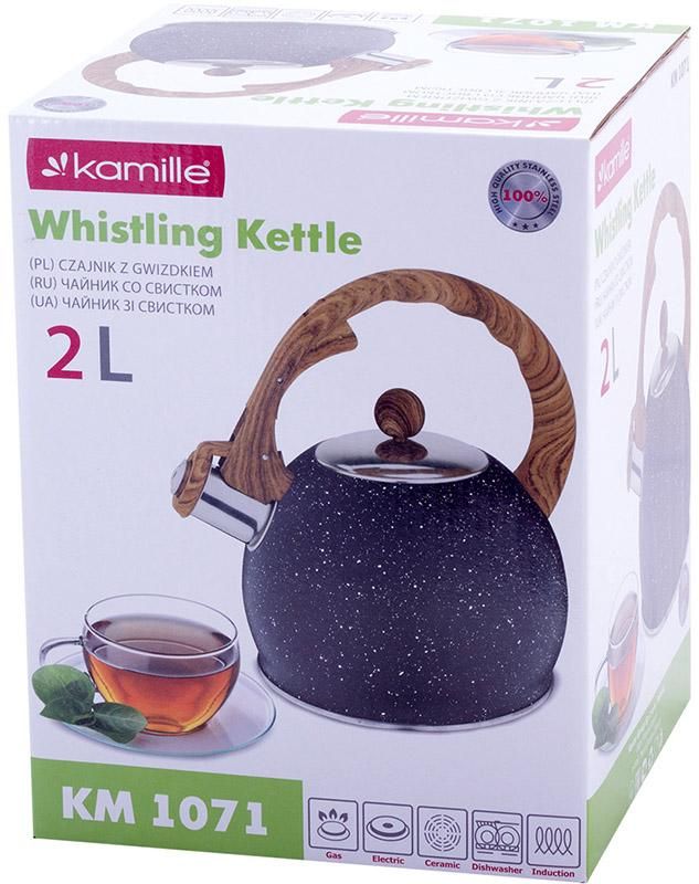 Чайник Kamille Whistling Kettle Marble 2л из нержавеющей стали со свистком, черный мрамор