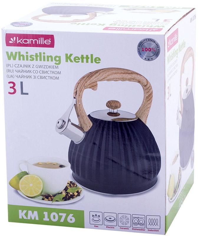 Чайник Kamille Whistling Kettle Black 3л из нержавеющей стали со свистком, черный