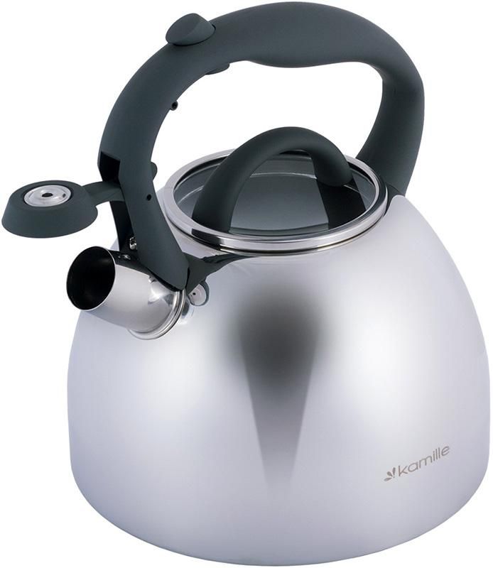 Чайник Kamille Whistling Kettle 2.7л из нержавеющей стали со свистком и стеклянной крышкой (серая ручка)