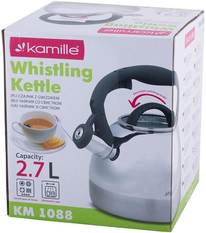 Чайник Kamille Whistling Kettle 2.7л из нержавеющей стали со свистком и стеклянной крышкой (серая ручка)