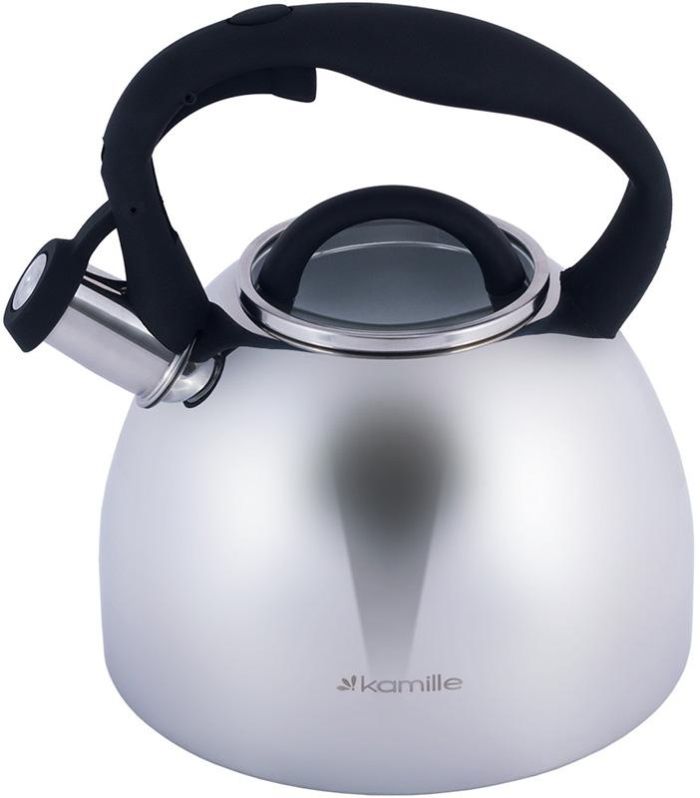 Чайник Kamille Whistling Kettle 2.7л из нержавеющей стали со свистком и стеклянной крышкой (черная ручка)