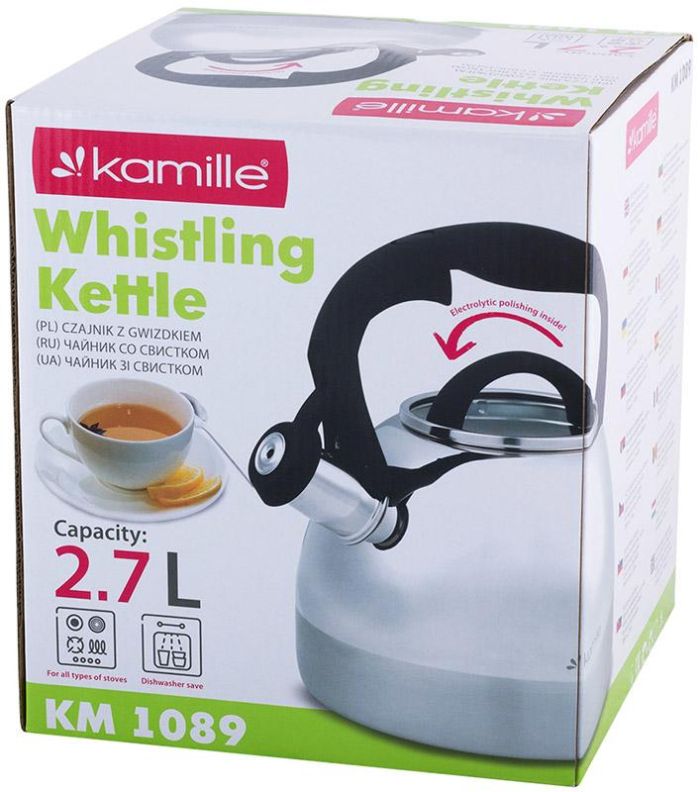 Чайник Kamille Whistling Kettle 2.7л из нержавеющей стали со свистком и стеклянной крышкой (черная ручка)