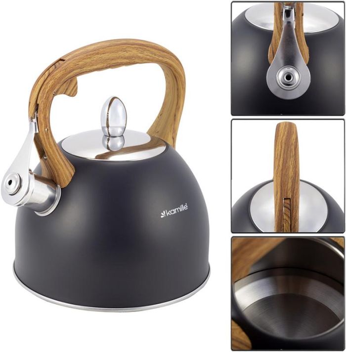 Чайник Kamille Whistling Kettle Black 2.5л из нержавеющей стали со свистком (черный)