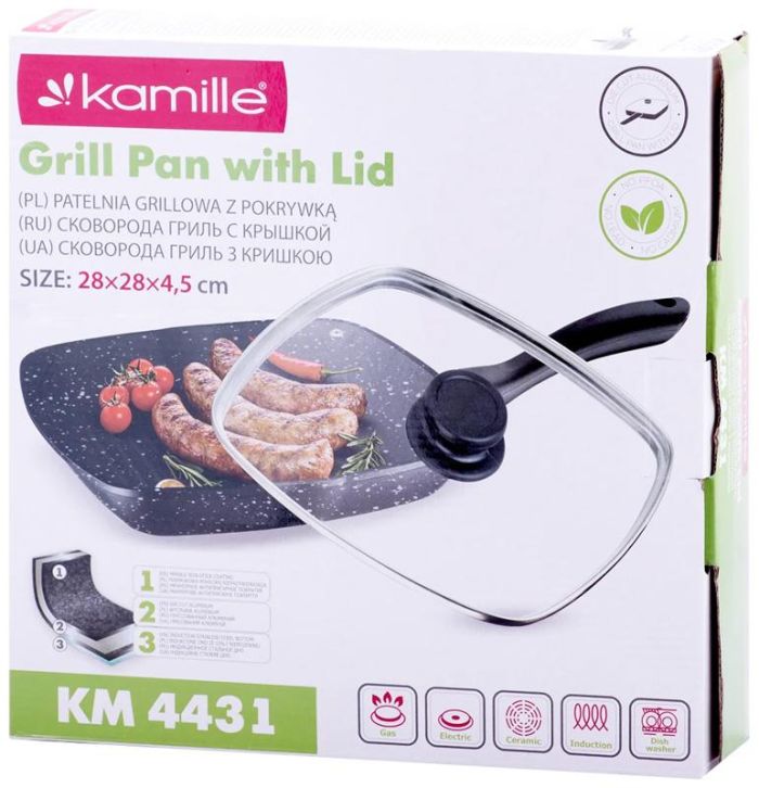 Сковорода-гриль Kamille Grill Pan 28х28см со стеклянной крышкой