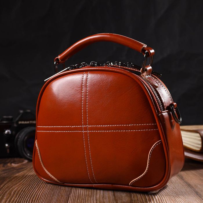 Удобная глянцевая сумка на плечо из натуральной кожи 22129 Vintage Коричневая