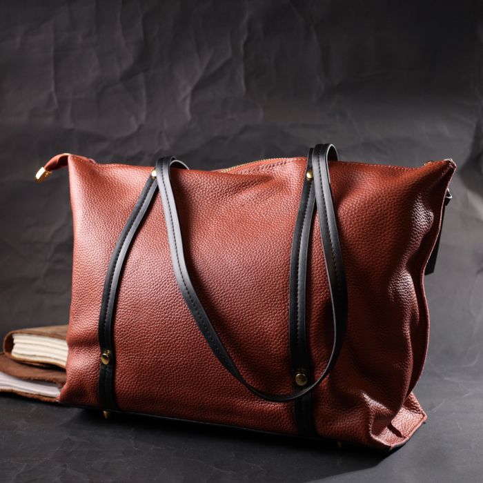 Вместительная двухцветная женская сумка из натуральной кожи Vintage 22301 Коричневая